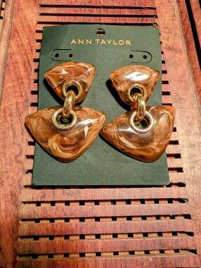 Ann Taylor Marbled Brown Resin Drop Earrings with Gold Rings